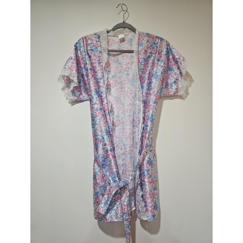 Vintage Private Moments Kimono Robe Womens Small Floral Satin Lace Belted 80s‎